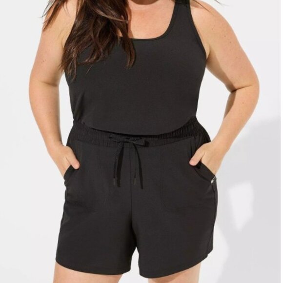 torrid brand Stretch Woven Active Romper With Surplice Back Size 1 Black - Picture 2 of 5